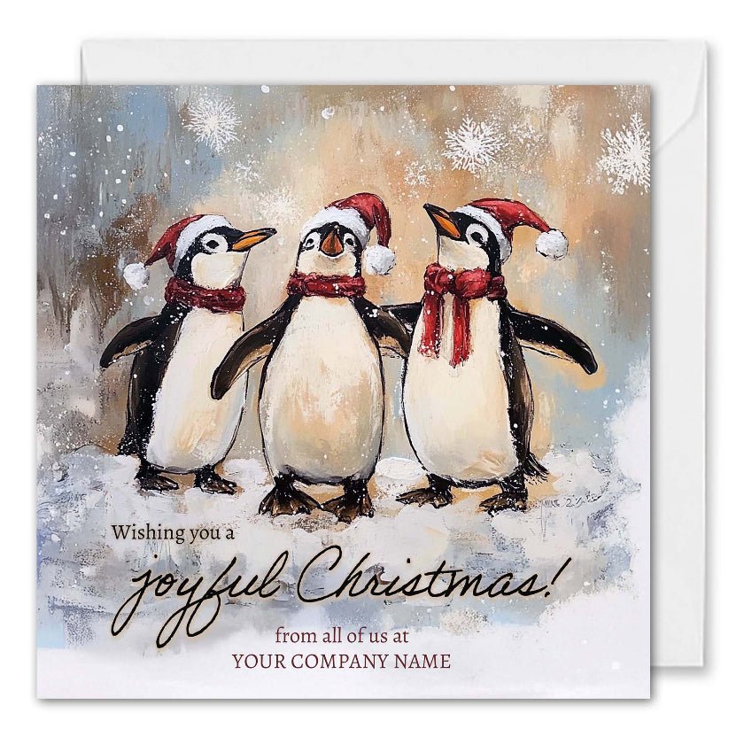 Company Christmas Cards - Custom Logo - Joyful Penguins