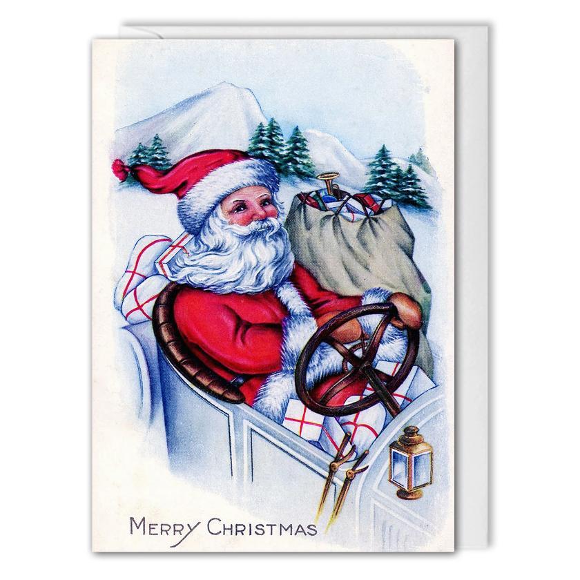 Custom Business Christmas Card - Vintage Greetings - Santa Car