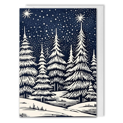 Custom Company Christmas Cards With Logo - Linocut Winter Trees