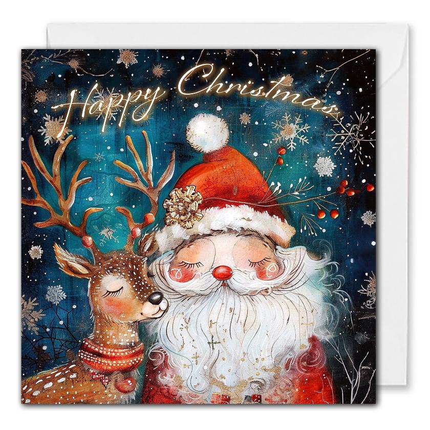 Business Christmas Cards With Logo - Santa Claus and Reindeer