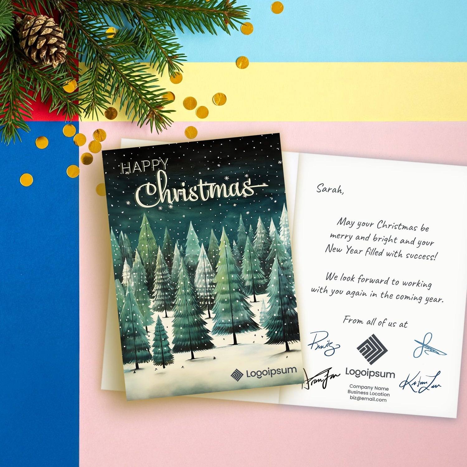 Corporate Christmas cards branded logo and message