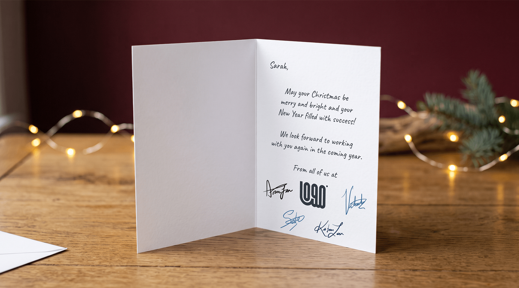 corporate Christmas cards - personalised names, staff signatures, business logo
