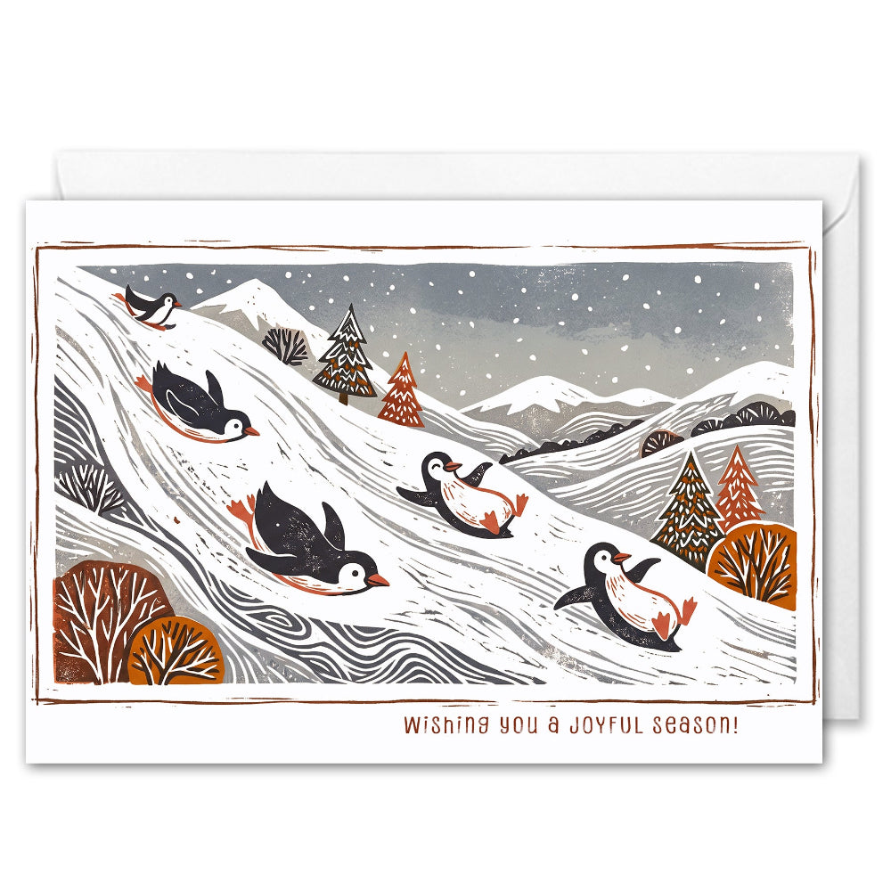 Corporate Christmas Cards With Logo - Snow Slide Penguins