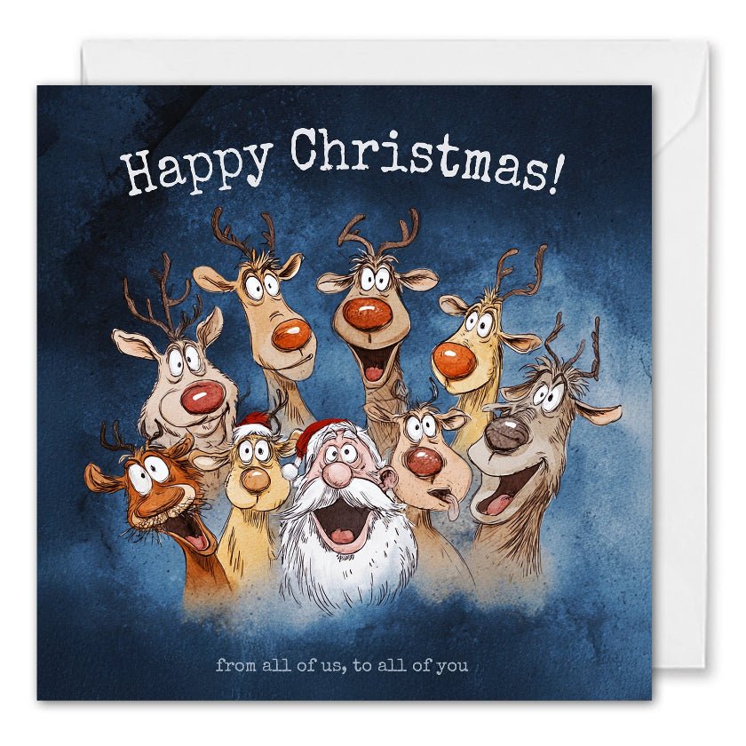Funny Corporate Christmas Cards From The Team - Santa & Reindeer Cartoon