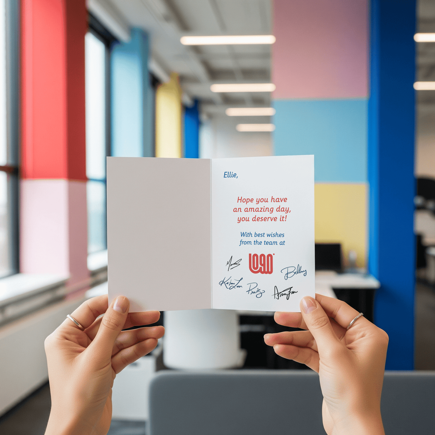Branded cards with personalised names and staff signatures