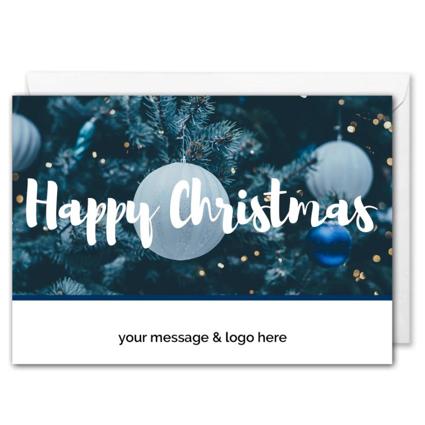 Happy Christmas Card For Business - Blue Baubles - Custom Logo 