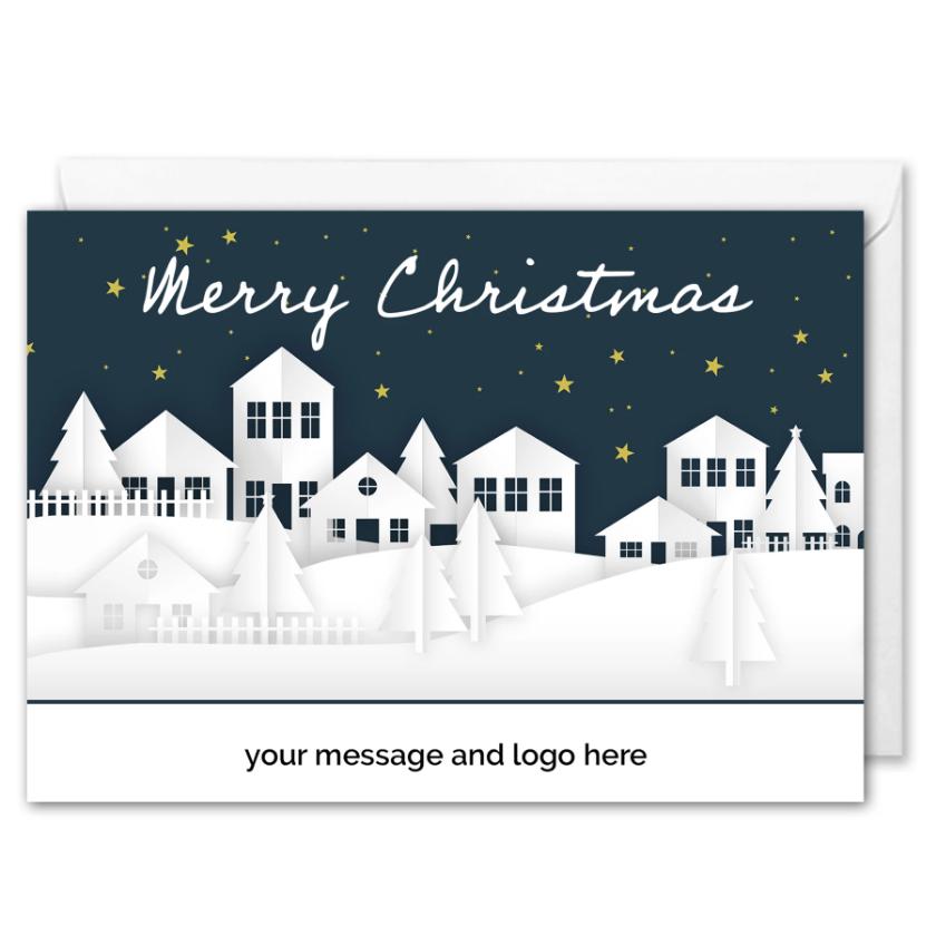 Snowy Houses Christmas Card For Business Custom Logo 