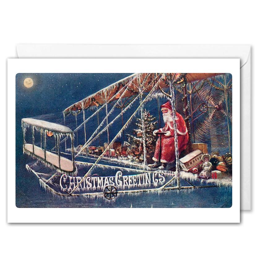 Santa Business Christmas Card - Vintage Aviation Postcard